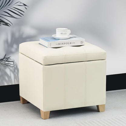 Adeco Faux Leather Storage Ottoman with Hinged Lid, 17.5 Inch High Cream White Square Cube Foot