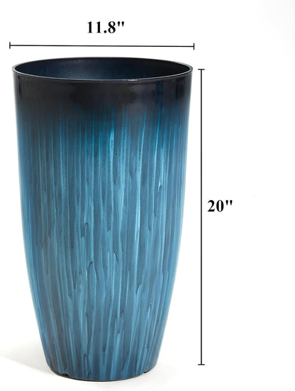 Worth Garden 20" H. Large Plastic Planters - Set of 2 Gradient Blue Glossy Smooth Finish - Tall