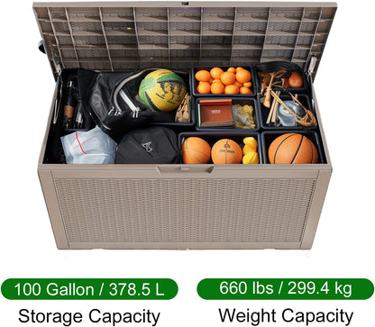 100 Gallon Resin Deck Box, Lockable Patio Outdoor Storage Box for Furniture, Garden Tools and Tools