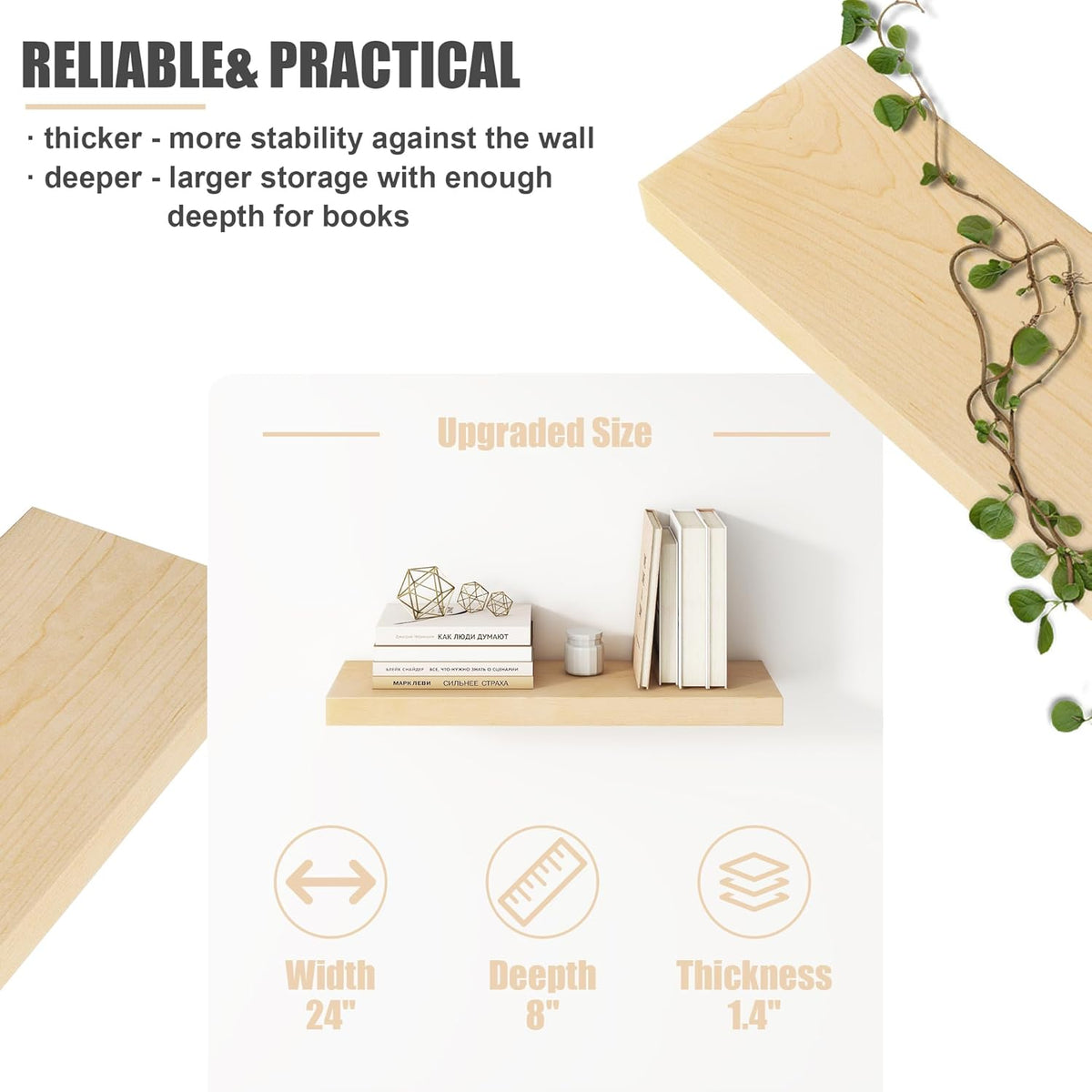 Floating Shelves for Wall, USA-Sourced Maple Wood 24 Inch Wall Shelves Set of 2, Natural Wooden