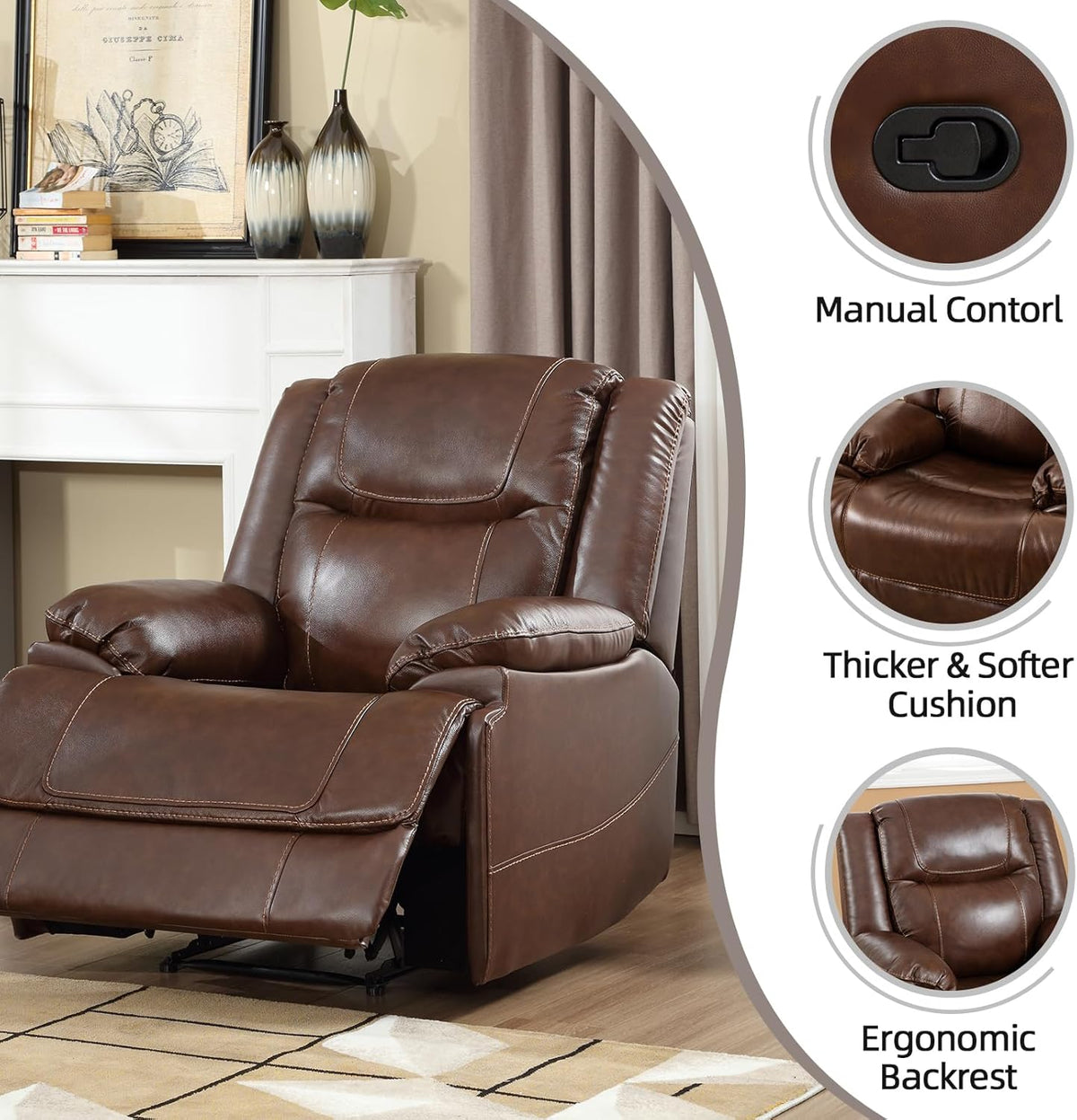 EBELLO Genuine Leather Manual Recliner Chair, Reclining Sofa Chair Couch for Living Room, Bedroom