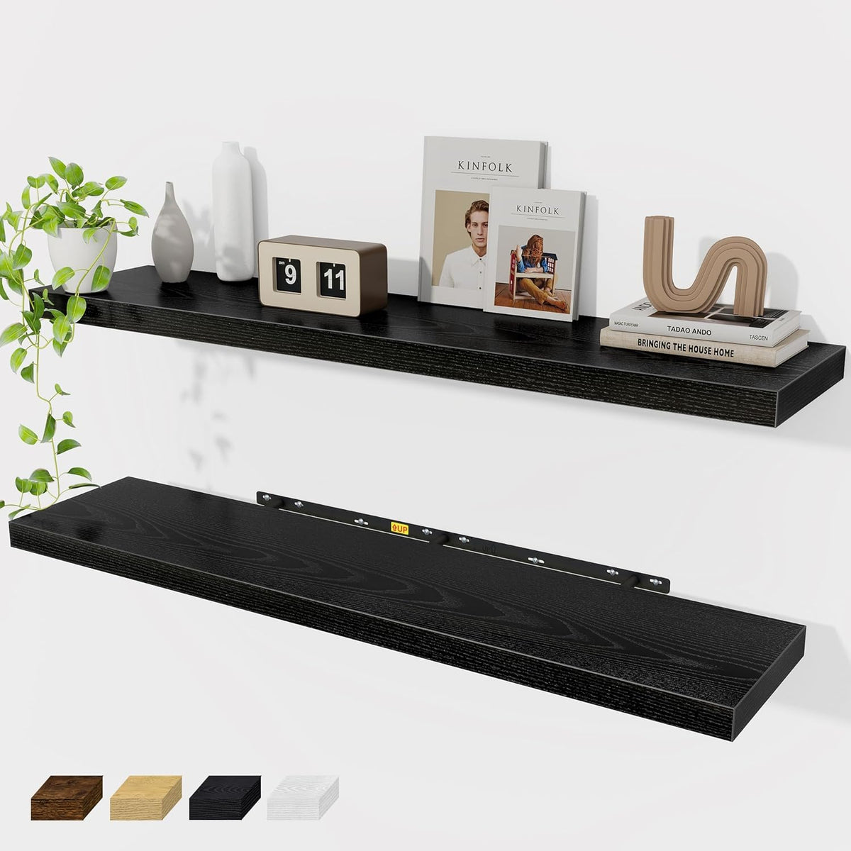 Black Floating Shelves Wall Shelf 48 Inch, 9.3 Inch Deep Floating Shelf for Wall, Farmhouse Black