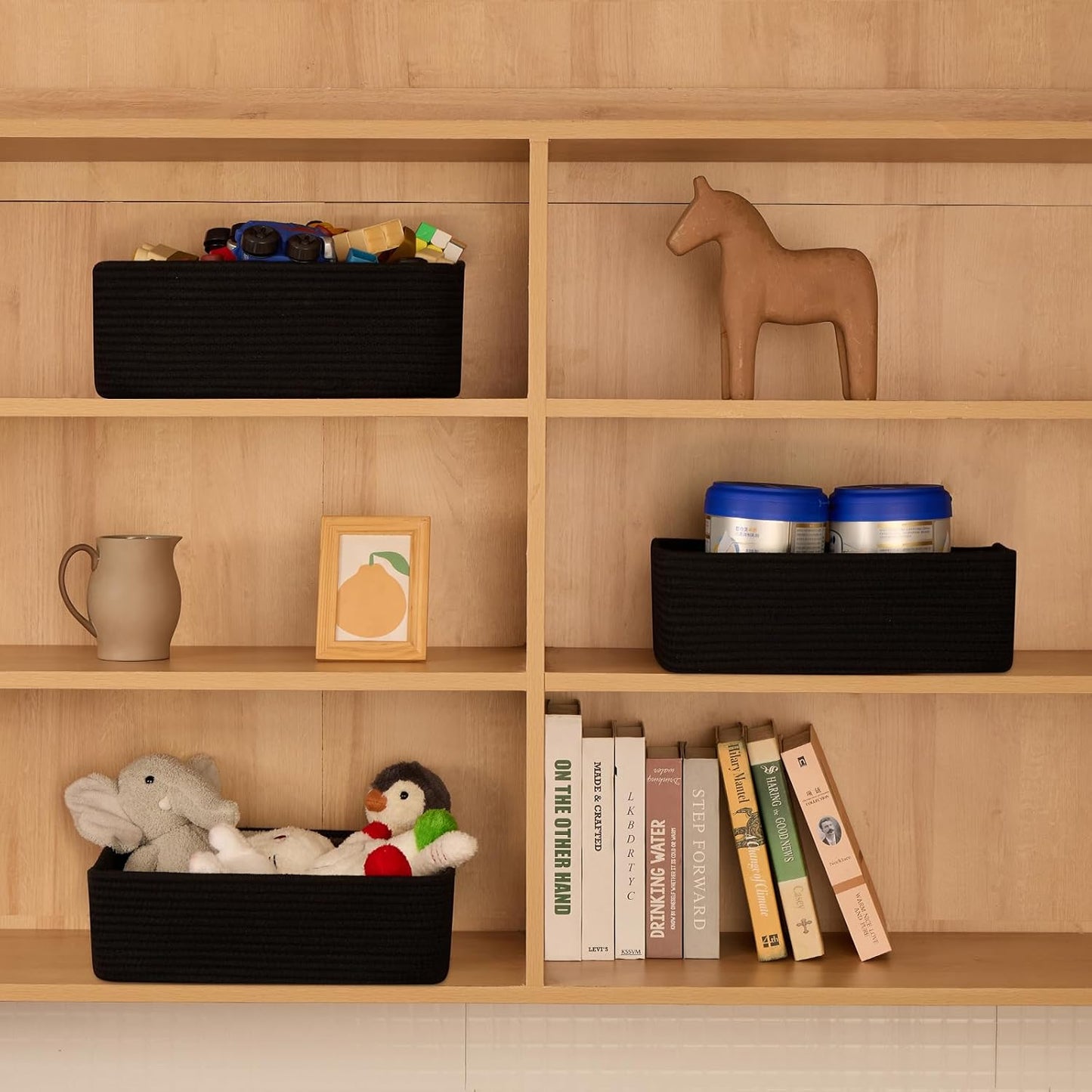 Large Shallow Organizing Baskets 15x11x5.1 Inches - Rope Woven Storage Bins for Bathroom, Shelves