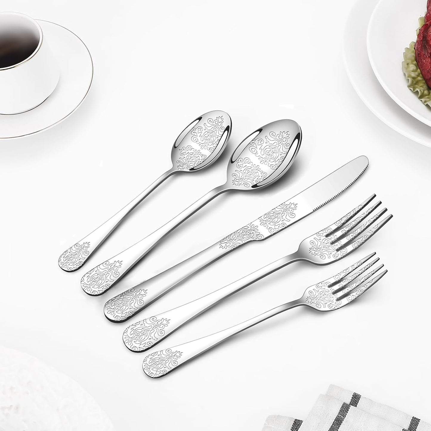 40 Pcs Silverware Set for 8 with Classical Flower Embossed Design, Food Grade Stainless Steel