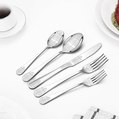 40 Pcs Silverware Set for 8 with Classical Flower Embossed Design, Food Grade Stainless Steel