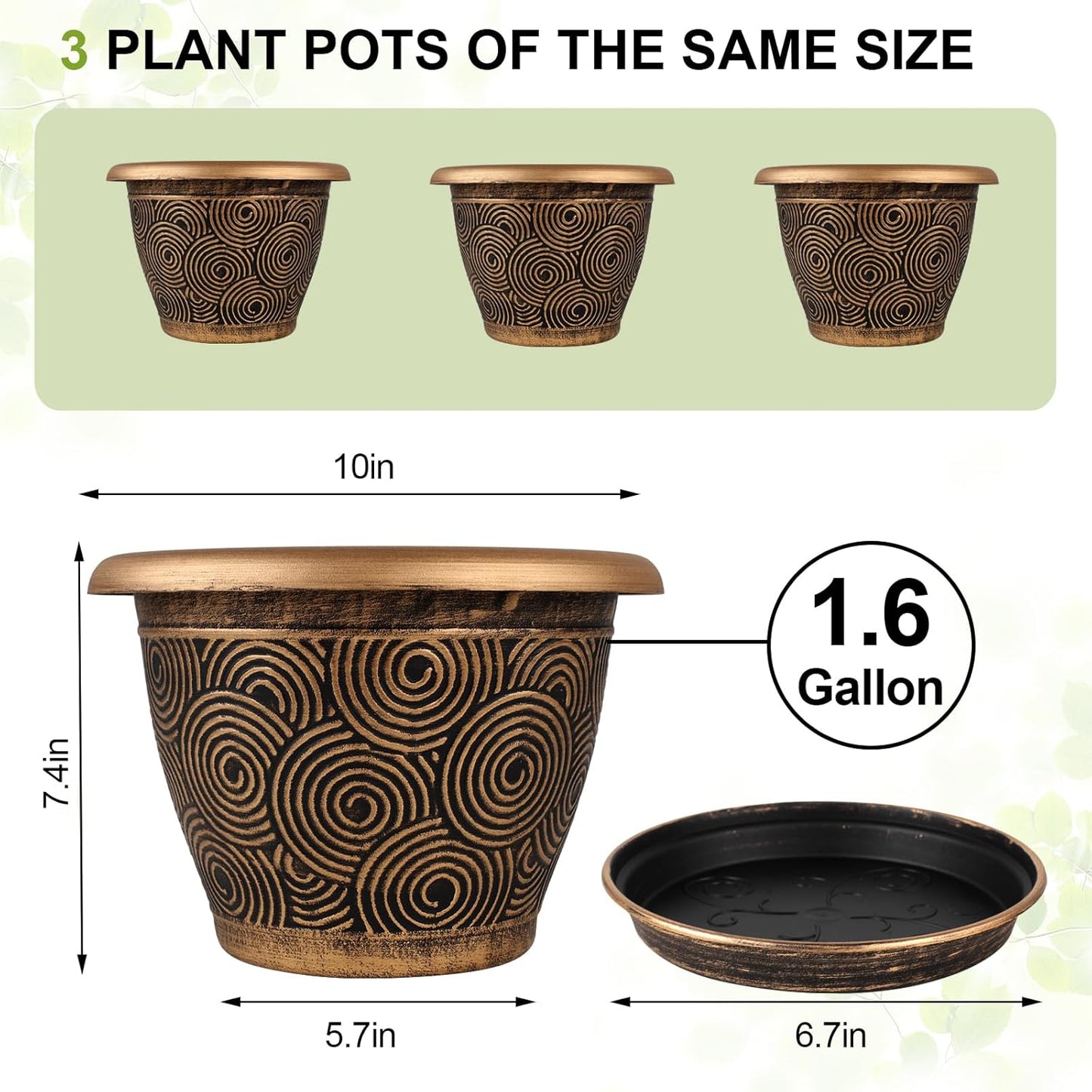 10 Inch Flower Pots Planters for Indoor Outdoor Plants, 3 Pack Plastic Large Plant Pots with