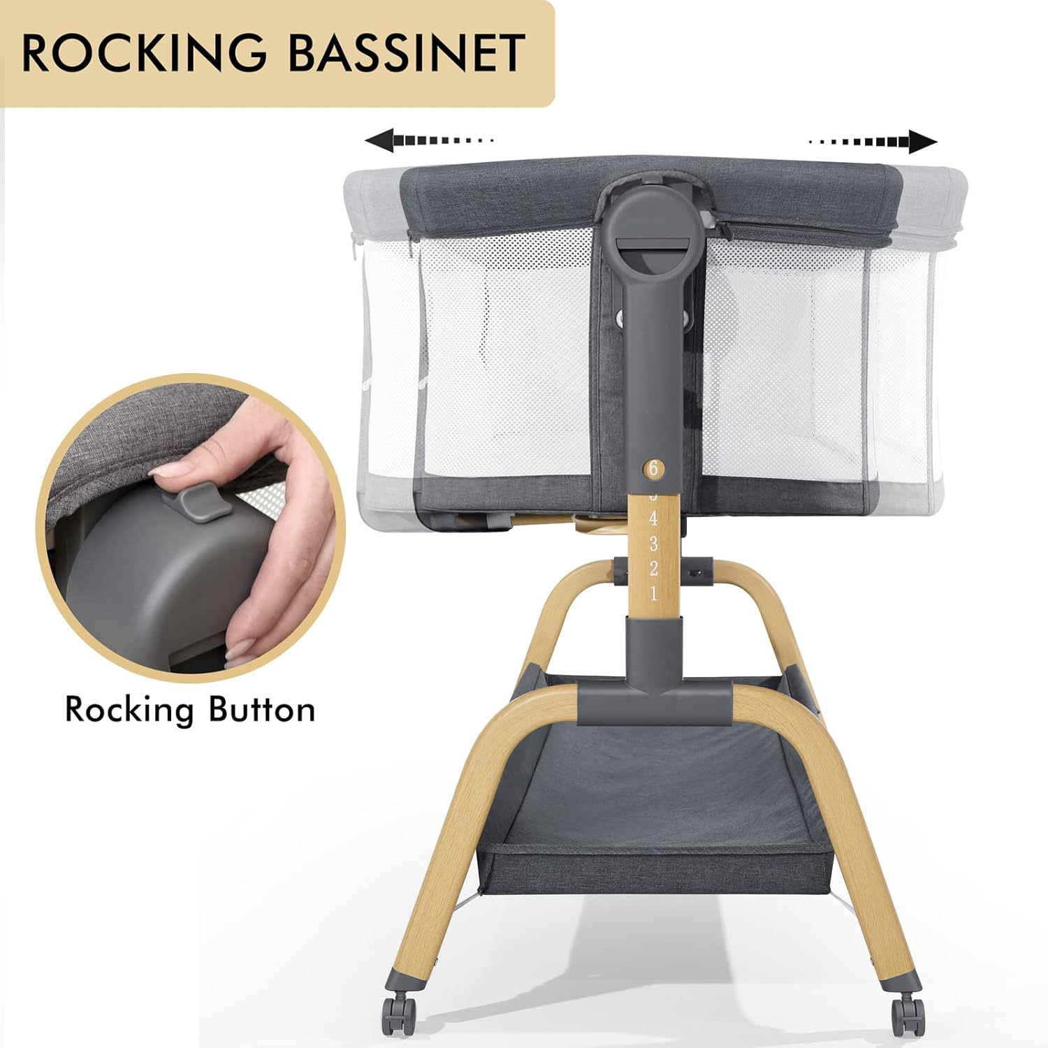 3 in 1 Baby Bassinet, Bedside Bassinet for Baby, Rocking Bassinet with Comfy Mattress and Wheels, 6