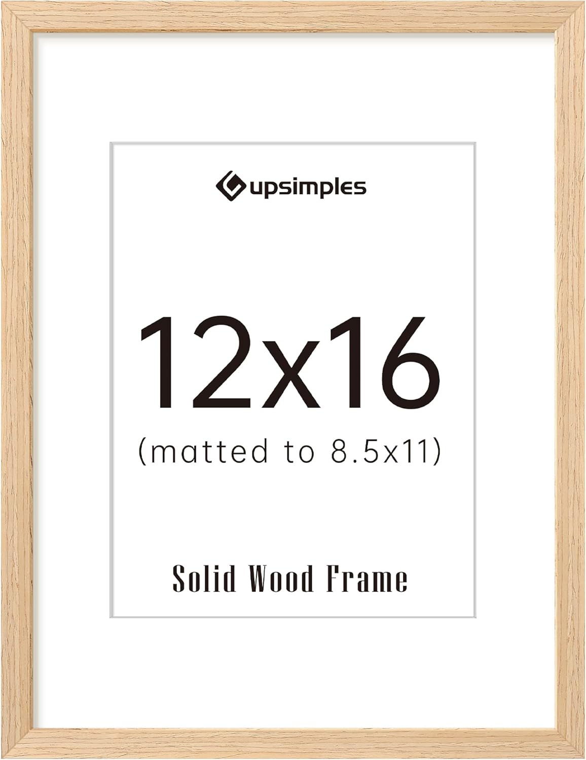 upsimples 12x16 Frame, Natural Solid Wood Picture Frames, Display 8.5x11 with Mat or 12 x 16