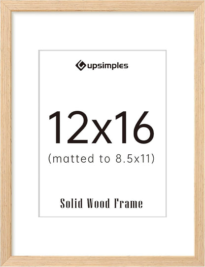 upsimples 12x16 Frame, Natural Solid Wood Picture Frames, Display 8.5x11 with Mat or 12 x 16