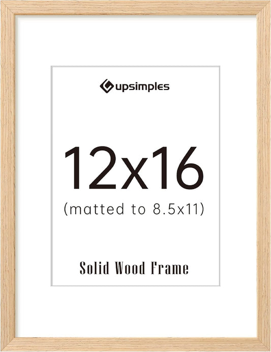 upsimples 12x16 Frame, Natural Solid Wood Picture Frames, Display 8.5x11 with Mat or 12 x 16