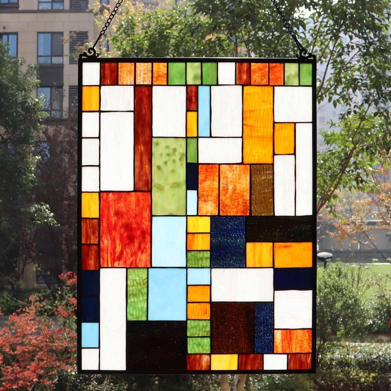 Bieye Geometric Color Block Tiffany Style Stained Glass Window Panel with Hanging Chain (18x25