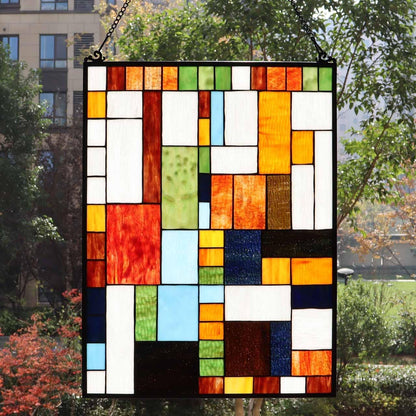 Bieye Geometric Color Block Tiffany Style Stained Glass Window Panel with Hanging Chain (18x25