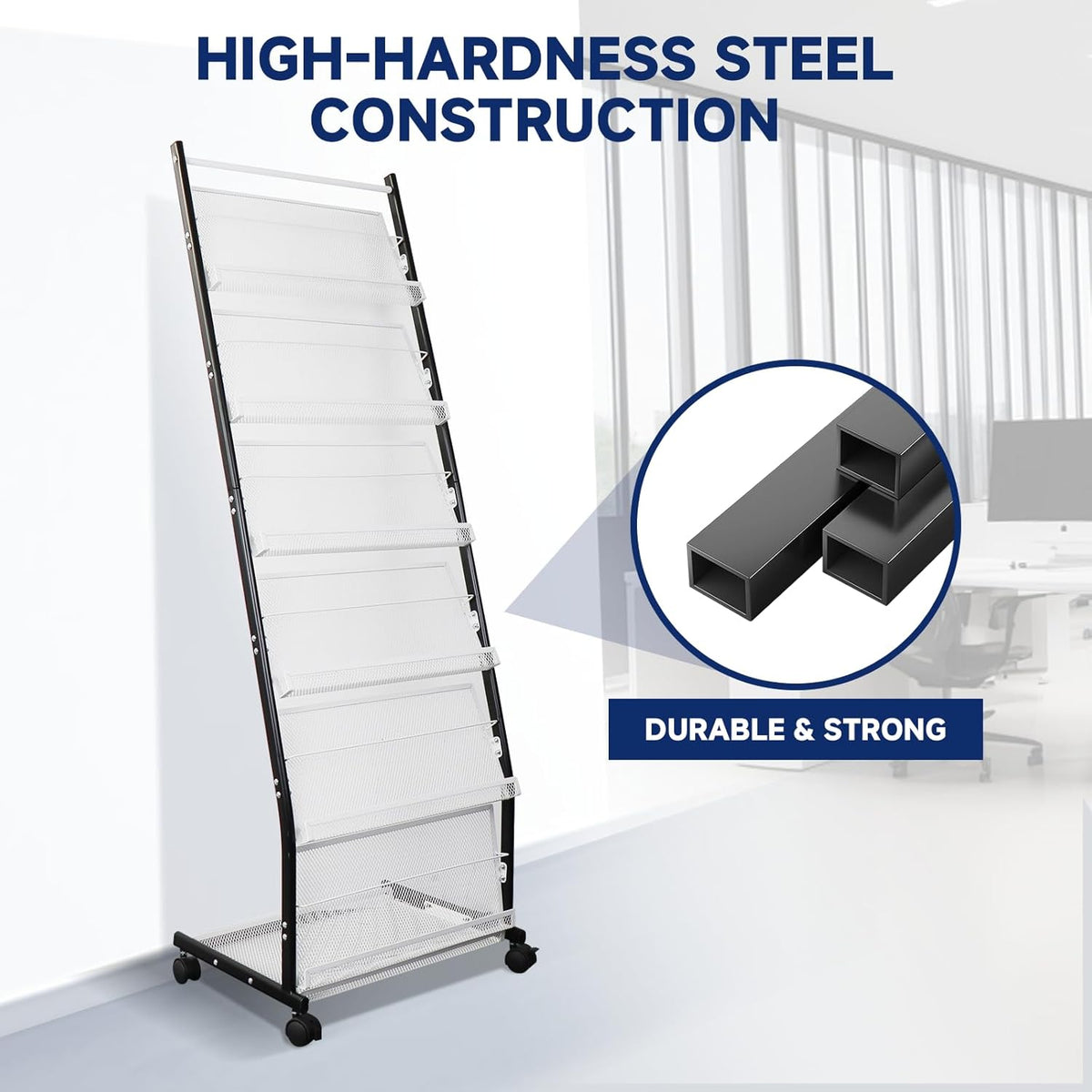 6-Tier Floor-Standing Magazine Rack with Wheels – Perfect Brochure Display Stand for Exhibitions