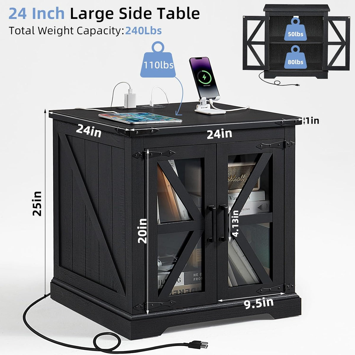 24" End Table Set of 2 with Charging Station, Farmhouse Night Stand with Glass Barn Door