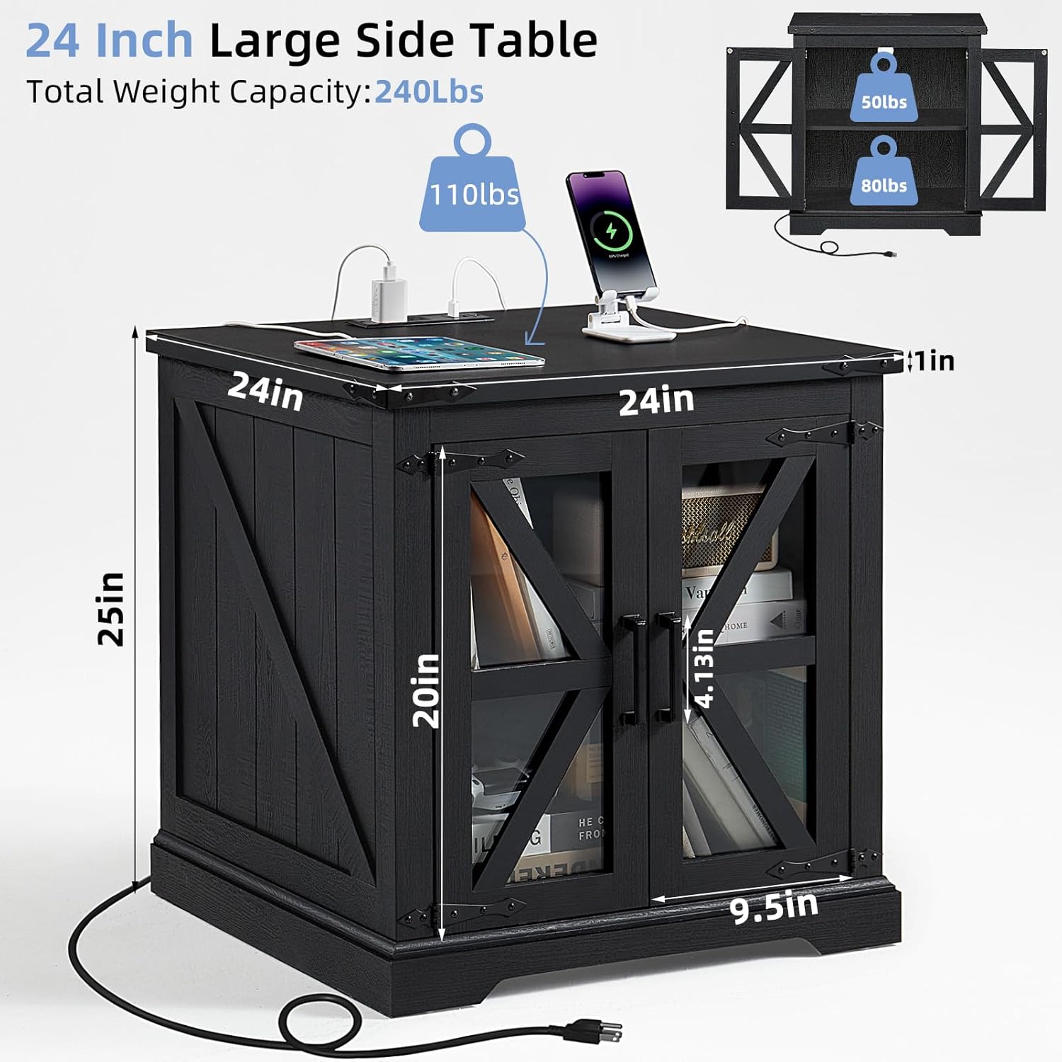 24" End Table Set of 2 with Charging Station, Farmhouse Night Stand with Glass Barn Door