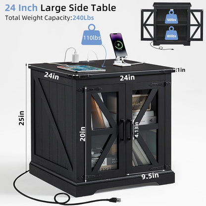 24" End Table with Charging Station, Farmhouse Night Stand with Glass Barn Door, Black Nightstands