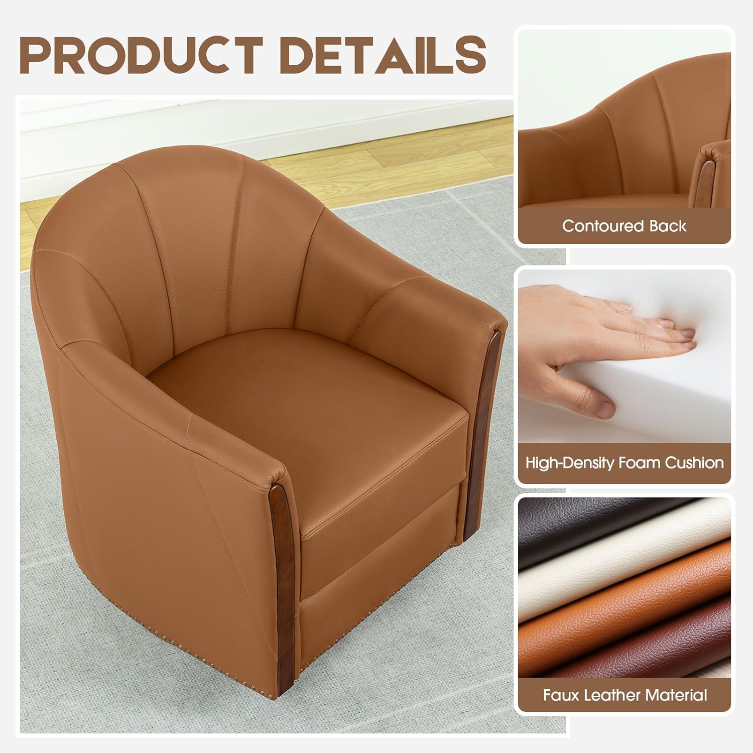 360° Swivel Accent Chair, Modern Leather Barrel Club Chair with Leather Upholstery and Sturdy Wood