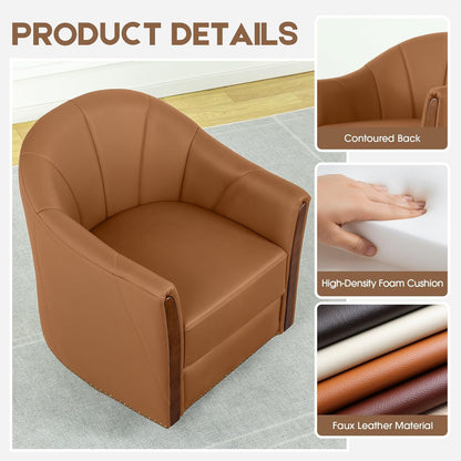 360° Swivel Accent Chair, Modern Leather Barrel Club Chair with Leather Upholstery and Sturdy Wood
