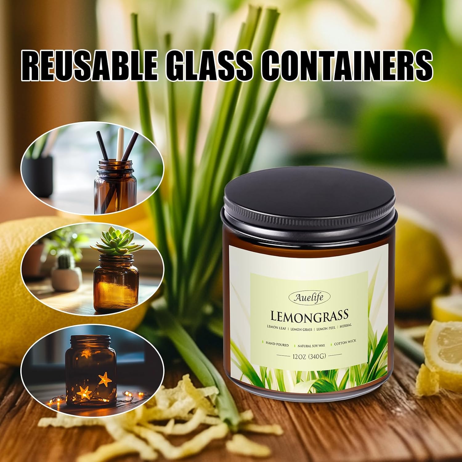 Auelife Lemongrass Scented Candle | 3-Wick Jar Candle - 12oz Natural Soy Wax - Citronella Scent for