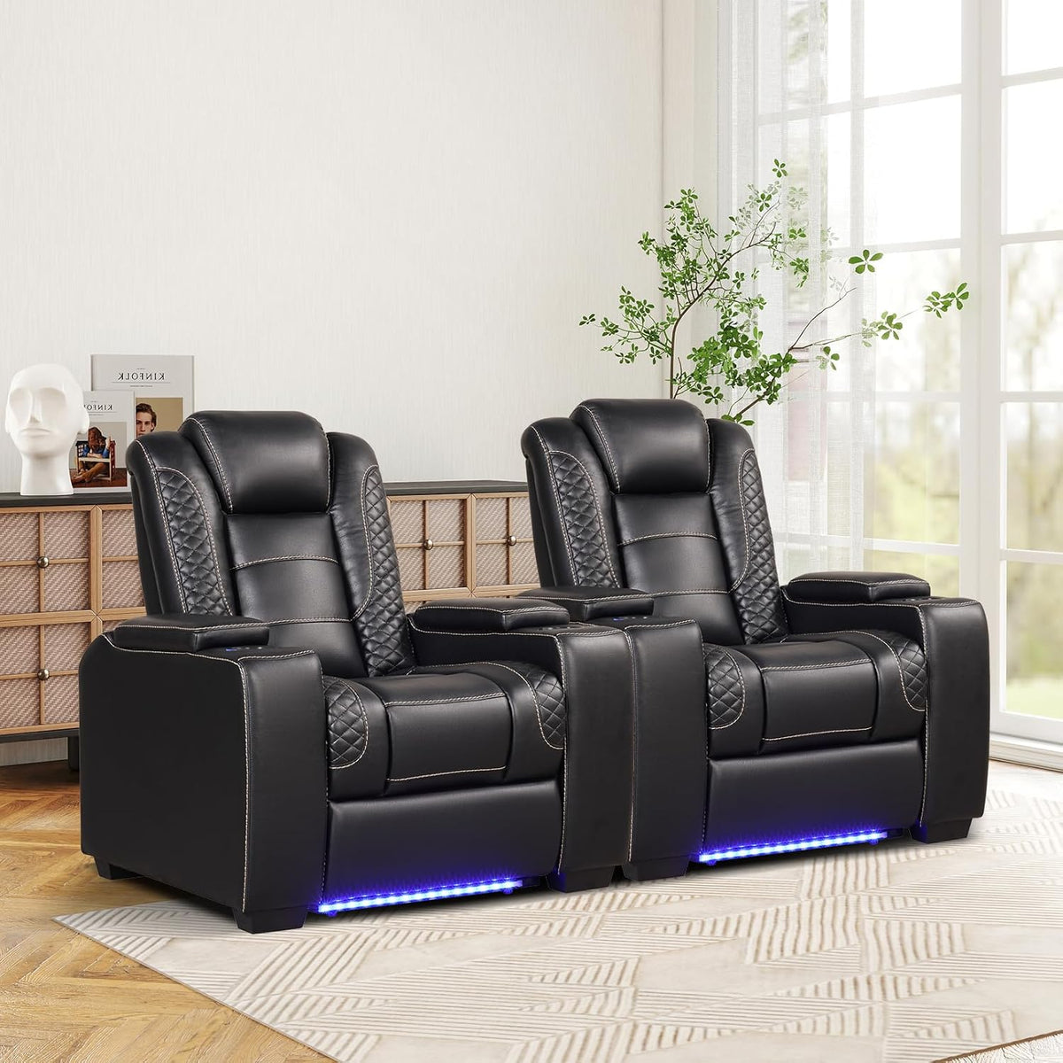 ANJ Power Home Theater Seating Set of 2, PU Leather Electric Recliner Chair with Powered Headrest