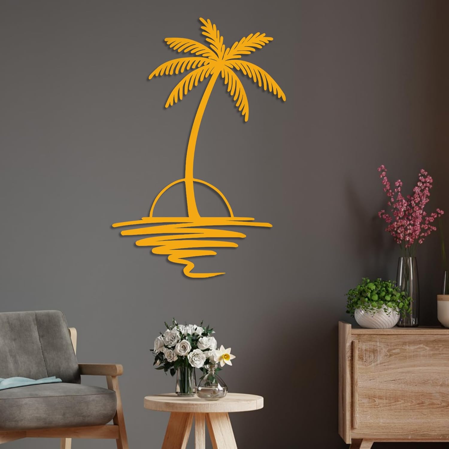 Metal Palm Tree with Sunset Wall Art, Large Outdoor Wall Decor, Tropical Beach Coastal Decor for