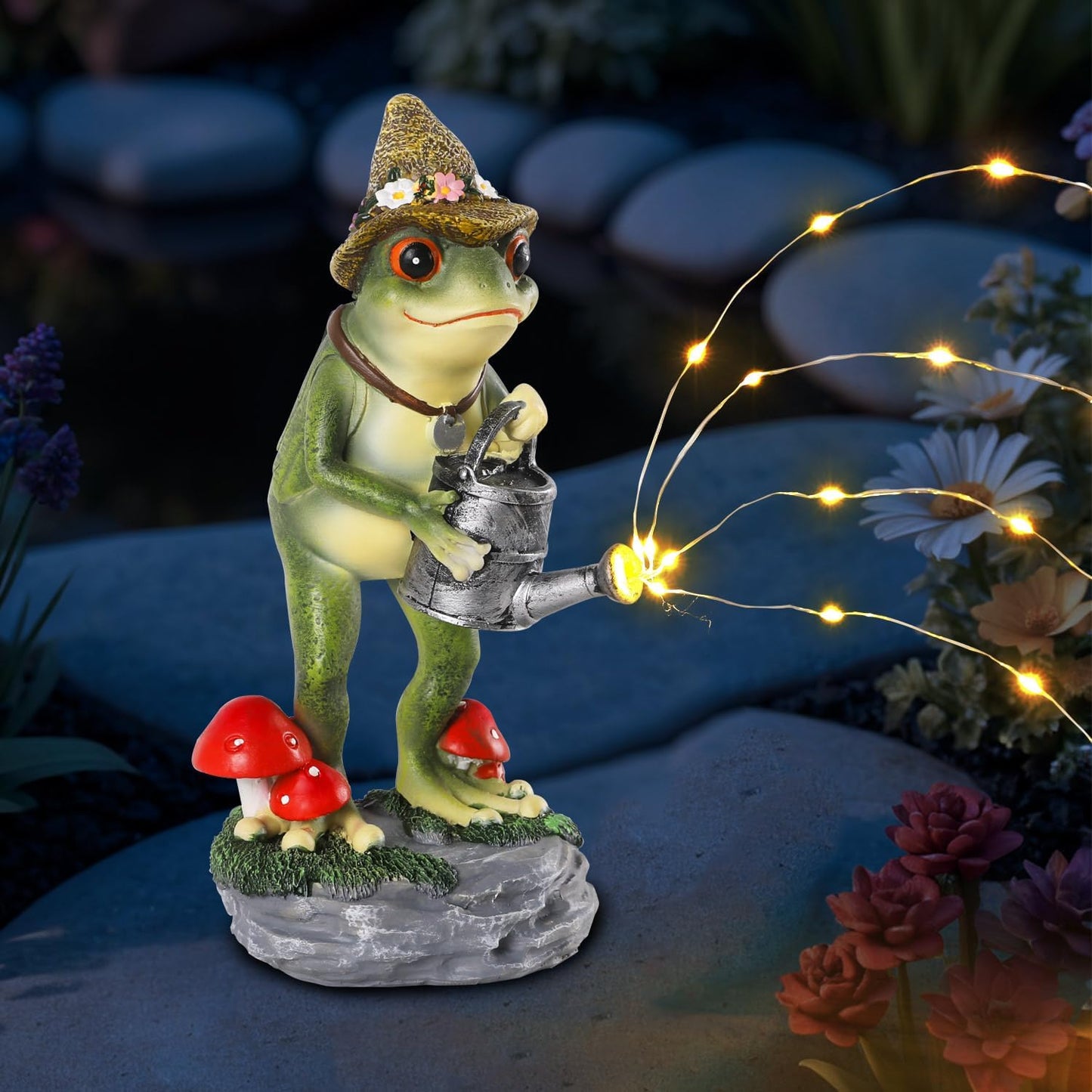 Solar Frog Statue for Garden with Watering Can Light 8.8" Resin Frog Figurine Outdoor Patio Porch
