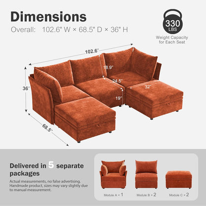 102.6" U Shaped Modular Sectional Sofa, 5 Seater Couch with Storage Ottoman Deep Seat and High