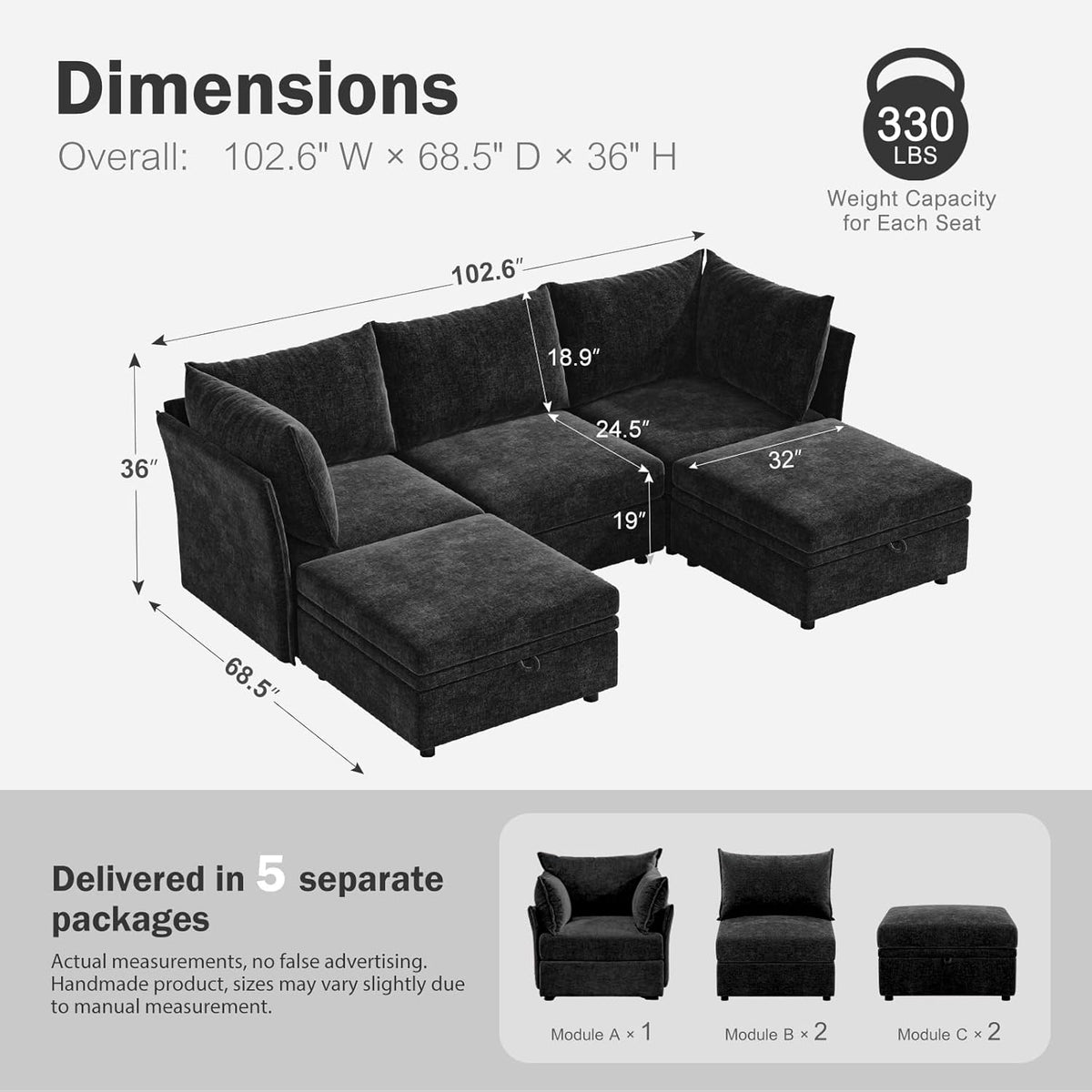 102.6" U Shaped Modular Sectional Sofa, 5 Seater Couch with Storage Ottoman Deep Seat and High