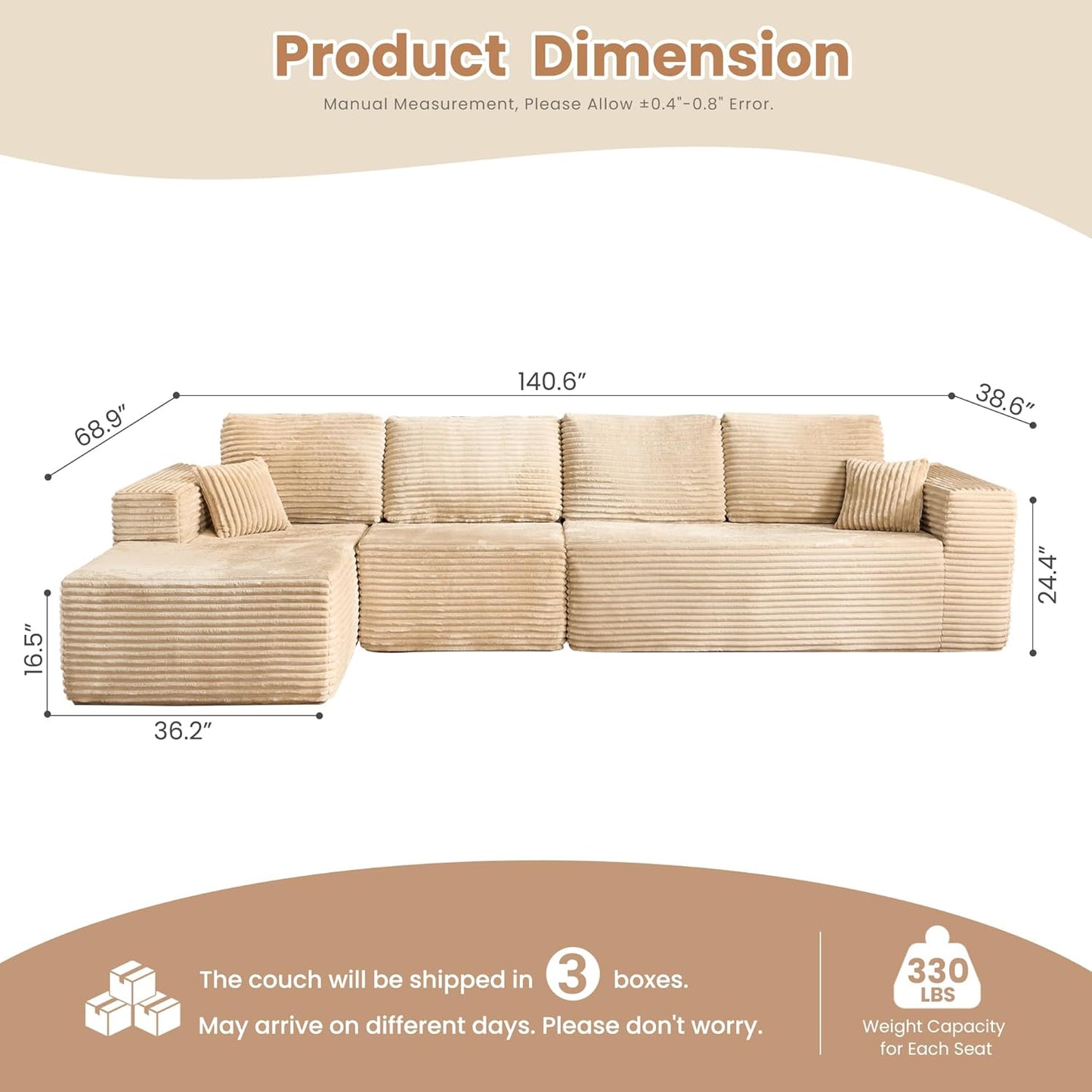 HOOOWOOO Cloud Sectional Couches for Living Room,Modular Sectional Sofa No Assembly,141X70 Inch