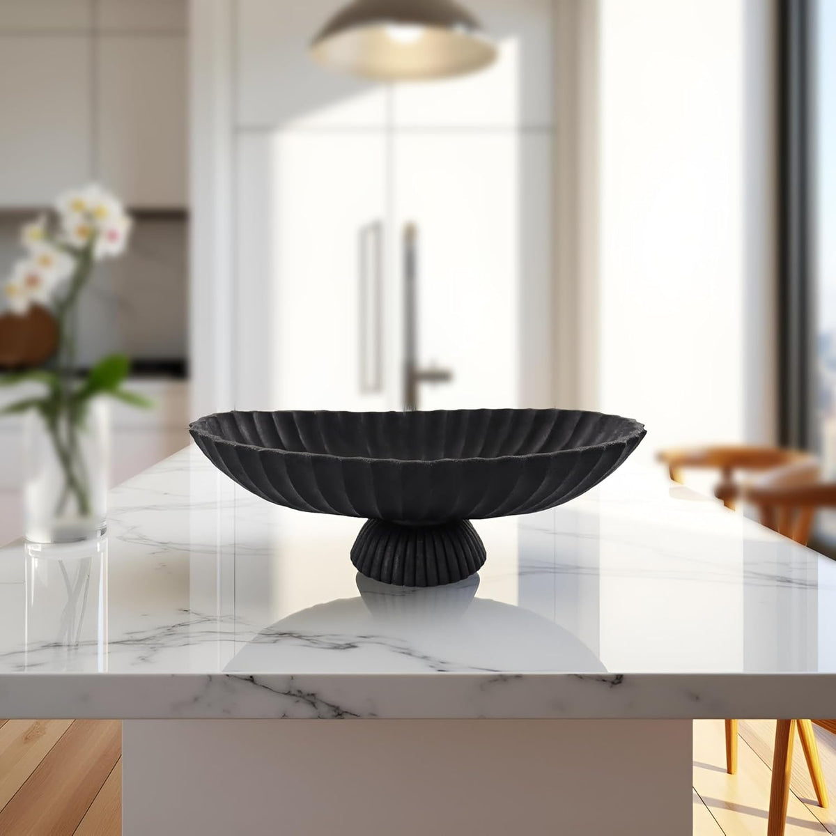 14.5" Large Decorative Long Bowl - Black Fluted Scalloped Decorative Bowls for Home Decor - Ruffle