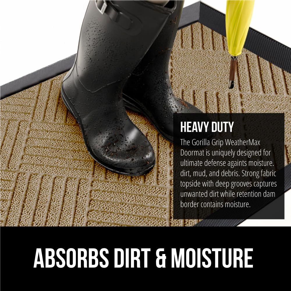 GORILLA GRIP 100% Waterproof All-Season WeatherMax Doormat US Designed Natural Rubber, Stain and
