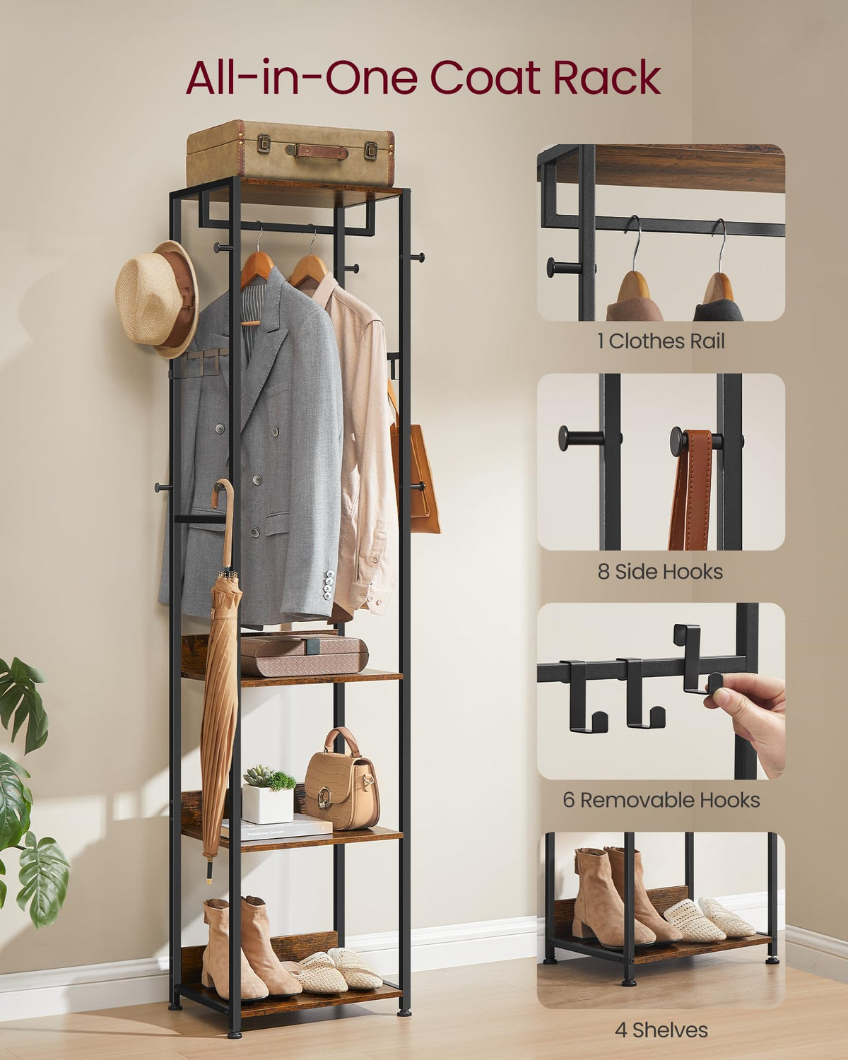 VASAGLE Coat Rack, Freestanding Hall Tree with Shelves, Hanging Rail, and Hooks, Space-Saving Coat