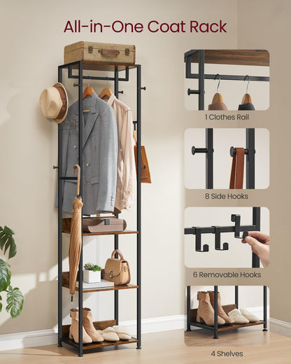 VASAGLE Coat Rack, Freestanding Hall Tree with Shelves, Hanging Rail, and Hooks, Space-Saving Coat