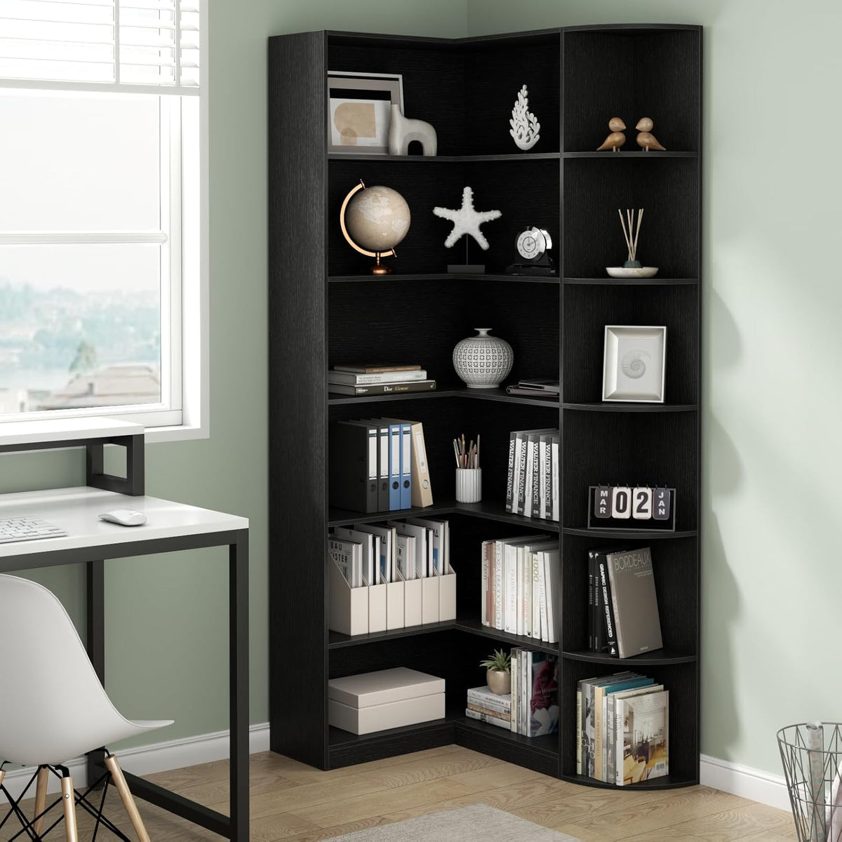 Loomie Black Book Shelf, 6 Tiers Shelf Large Tall Corner Etagere Bookcase with Full Baffle