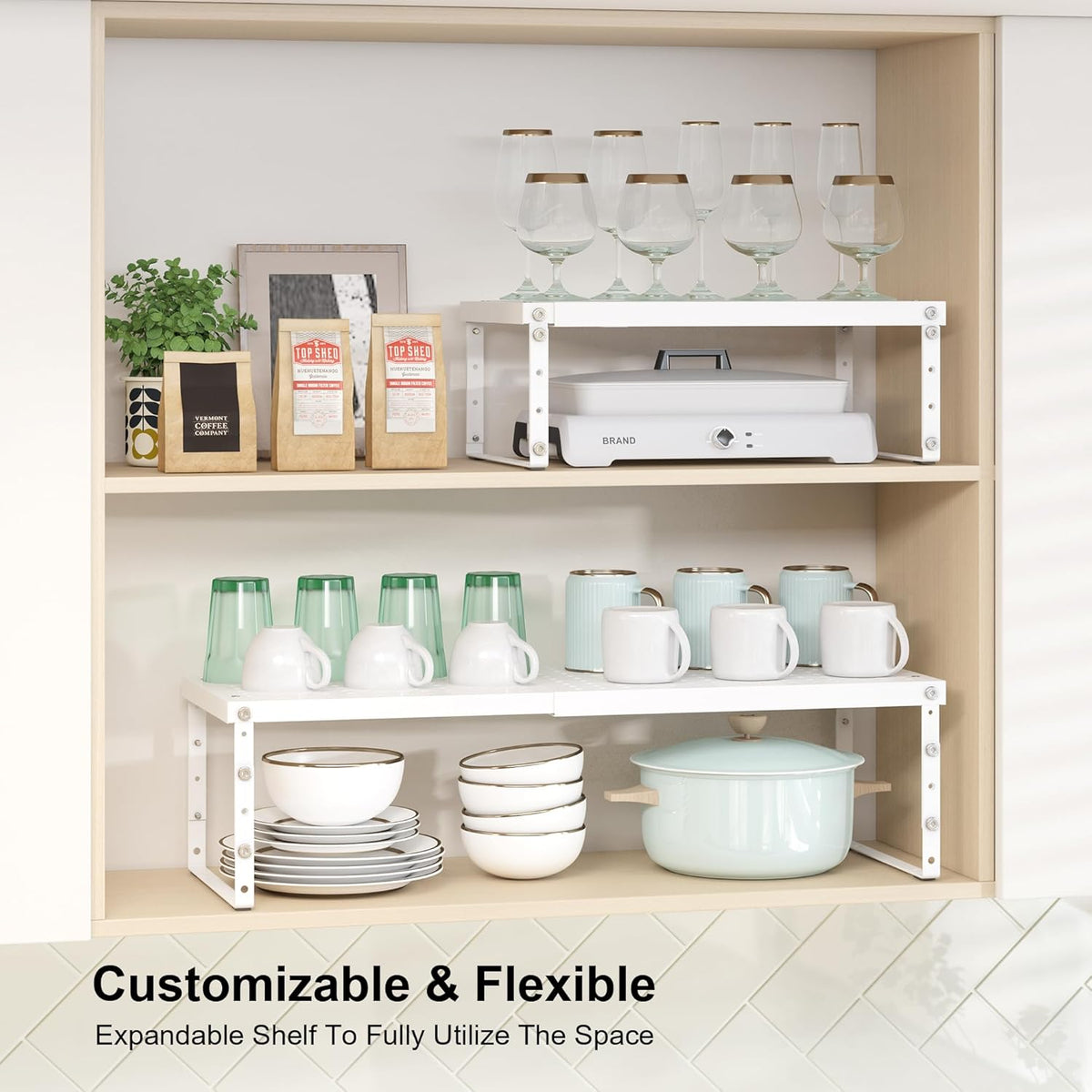 Expandable Cabinet Organizer Shelf With Adjustable Height, Stackable Kitchen Countertop Organizer