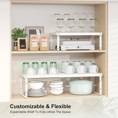Expandable Cabinet Organizer Shelf With Adjustable Height, Stackable Kitchen Countertop Organizer