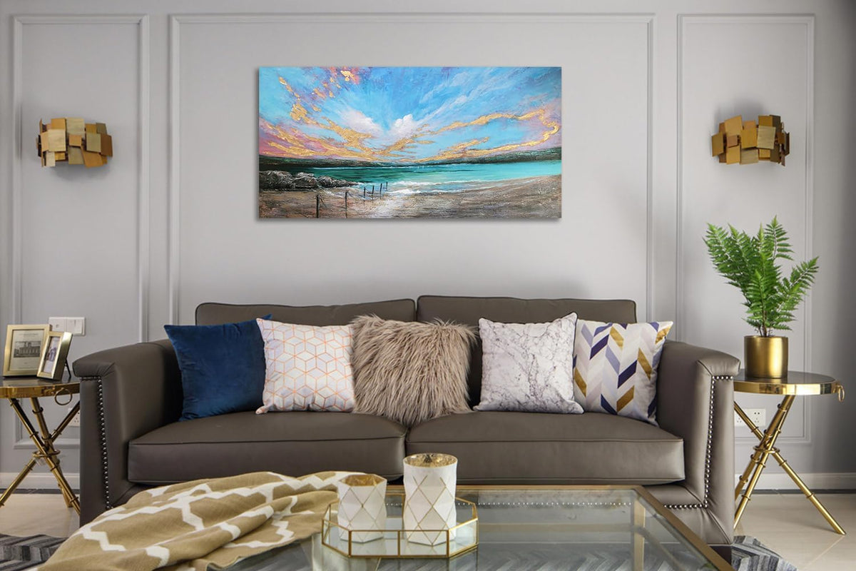 Arjun Ocean Teal Wall Art Canvas Coastal Beach Painting Blue Turquoise Landscape Sunset Picture
