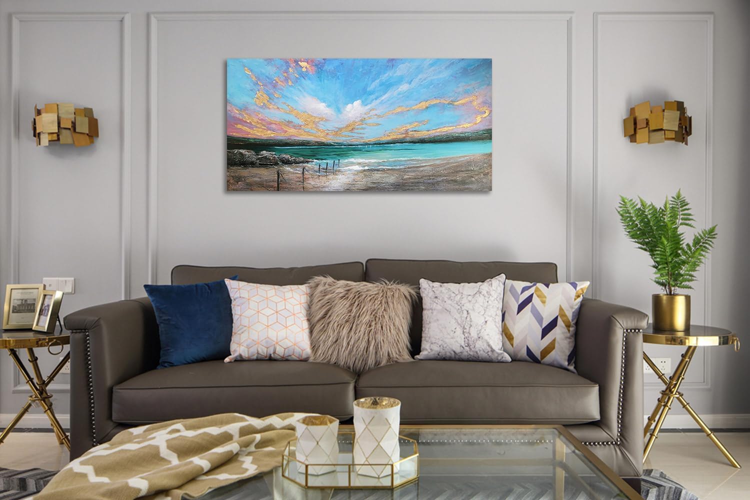 Arjun Ocean Teal Wall Art Canvas Coastal Beach Painting Blue Turquoise Landscape Sunset Picture