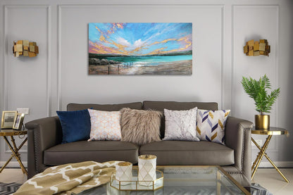 Arjun Ocean Teal Wall Art Canvas Coastal Beach Painting Blue Turquoise Landscape Sunset Picture