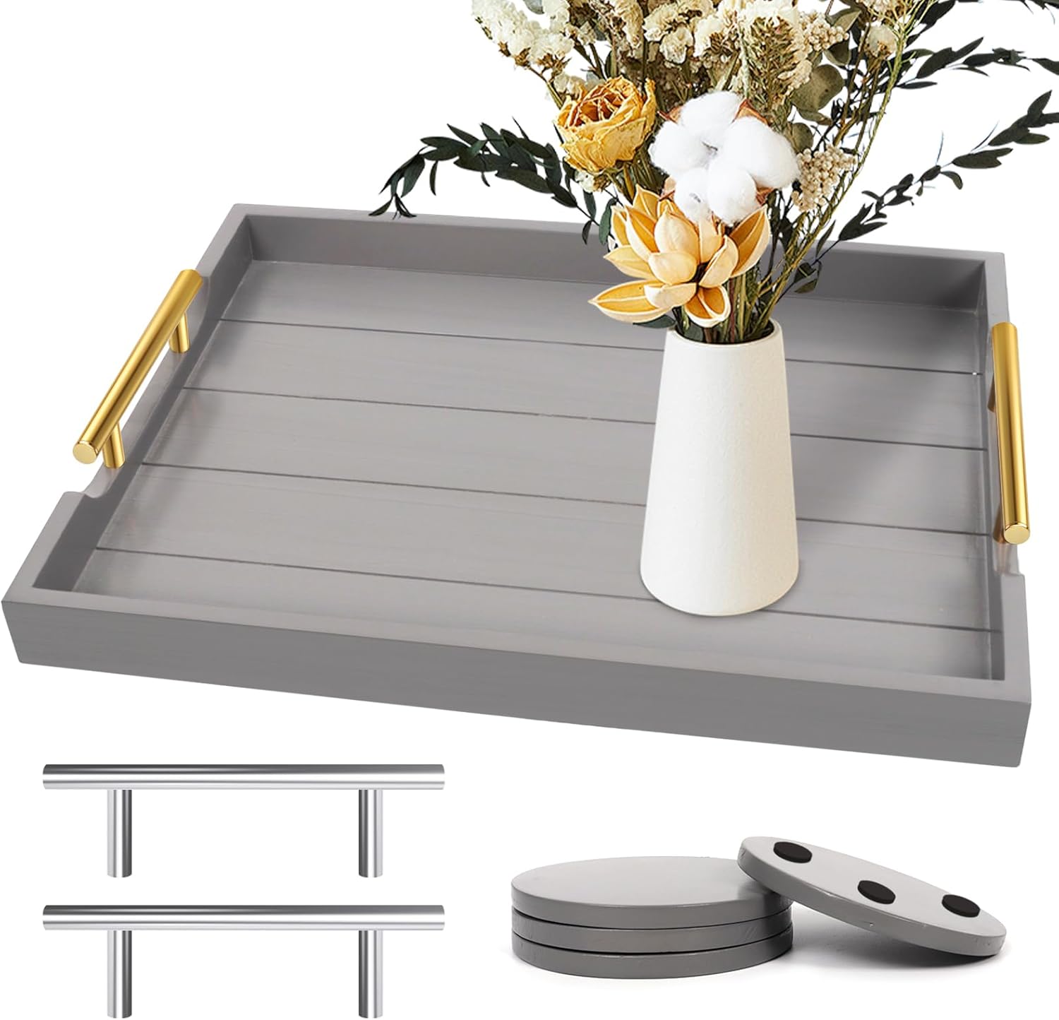 Coffee Table Tray - Large Ottoman Trays for Living Rooms - Wood Serving Tray with Handles(2 Sets)