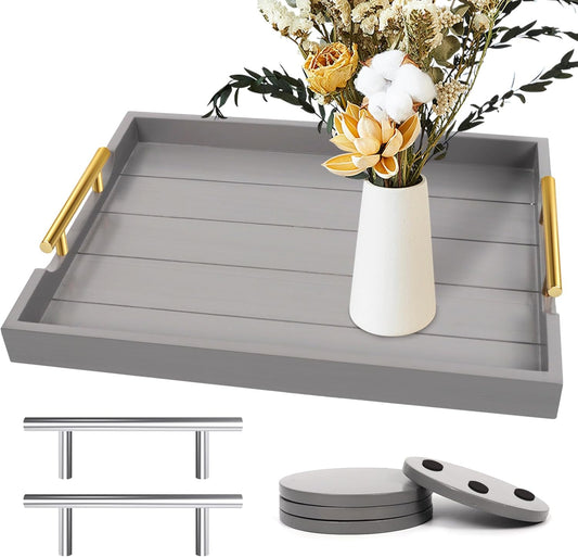 Coffee Table Tray - Large Ottoman Trays for Living Rooms - Wood Serving Tray with Handles(2 Sets)