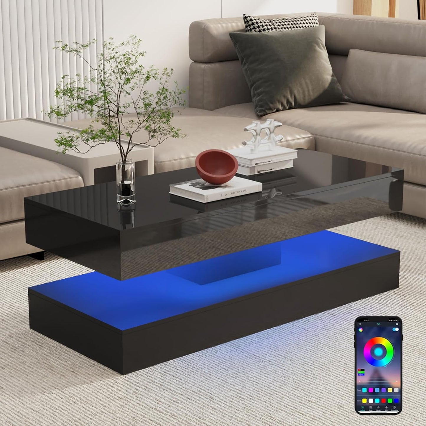 Uspeedy 47.3IN High Glossy LED Coffee Table,Modern Coffee Tables for Living Room,Living Rooms