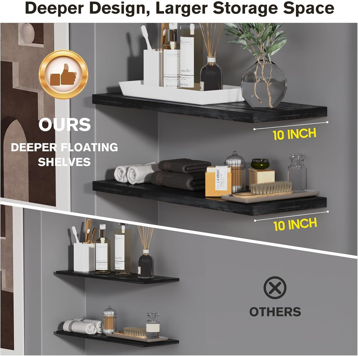 Wall Shelf Set of 2,Dark Wood Floating Shelves 30 in W x 10 in D x 1 in H, Wooden Floating Wall