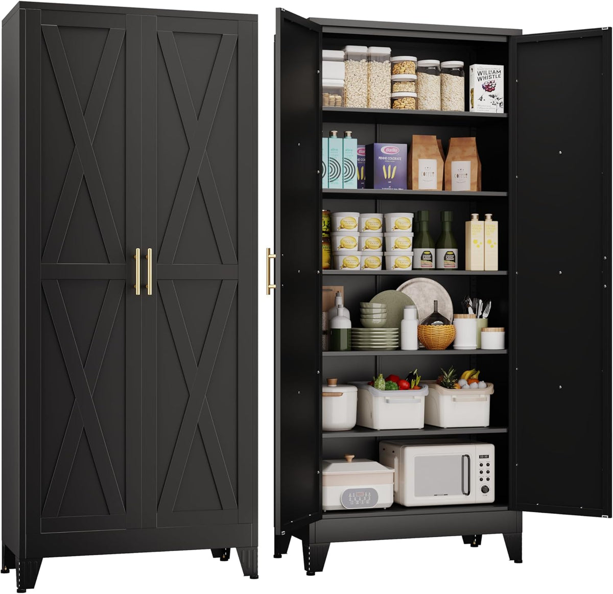 75" Tall Metal Kitchen Pantry Storage Cabinet, Freestanding Cupboard with 2 Doors and 5 Adjustable