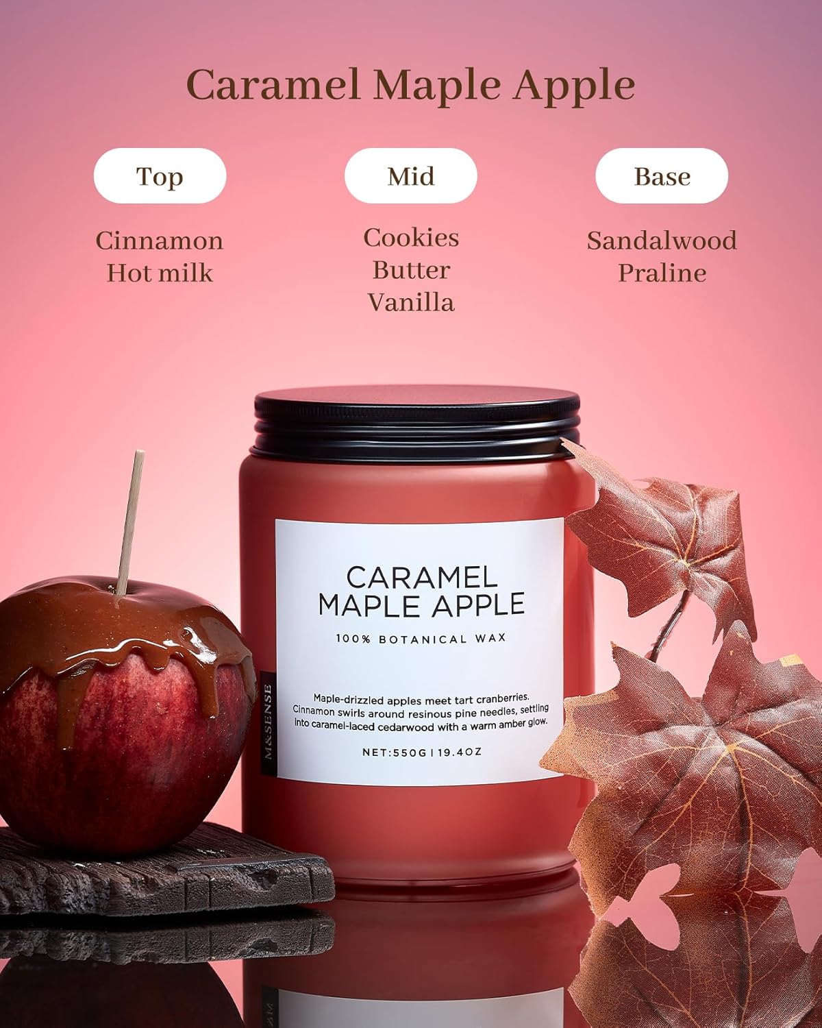 M&SENSE Caramel Apple Pie Candles for Home Scented, Natural Soy Wax 19.4oz Long Lasting 110 Hours
