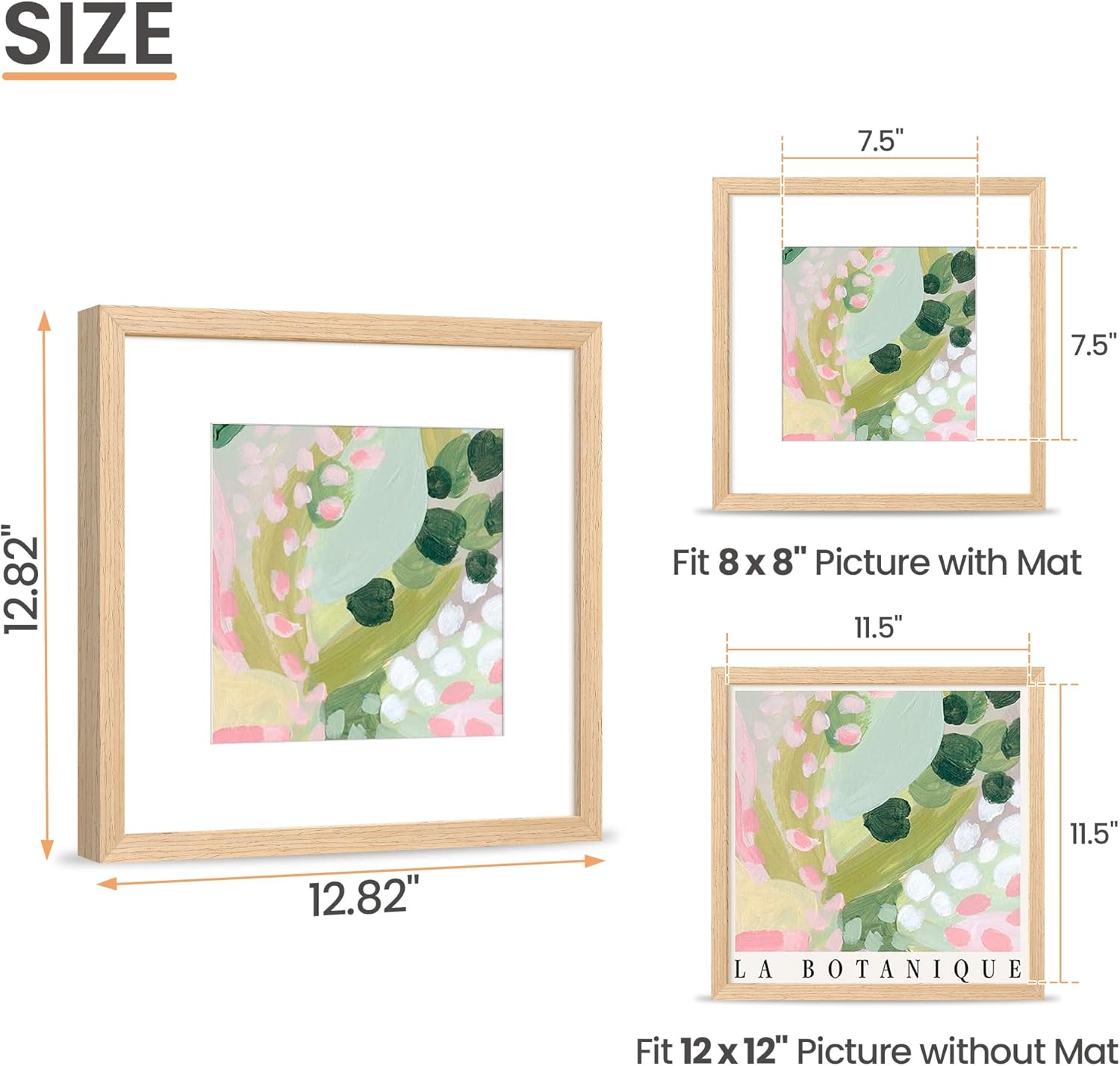 upsimples 12x12 Frame, Natural Solid Wooden Picture Frames, Display 8x8 with Mat or 12 x 12 Without
