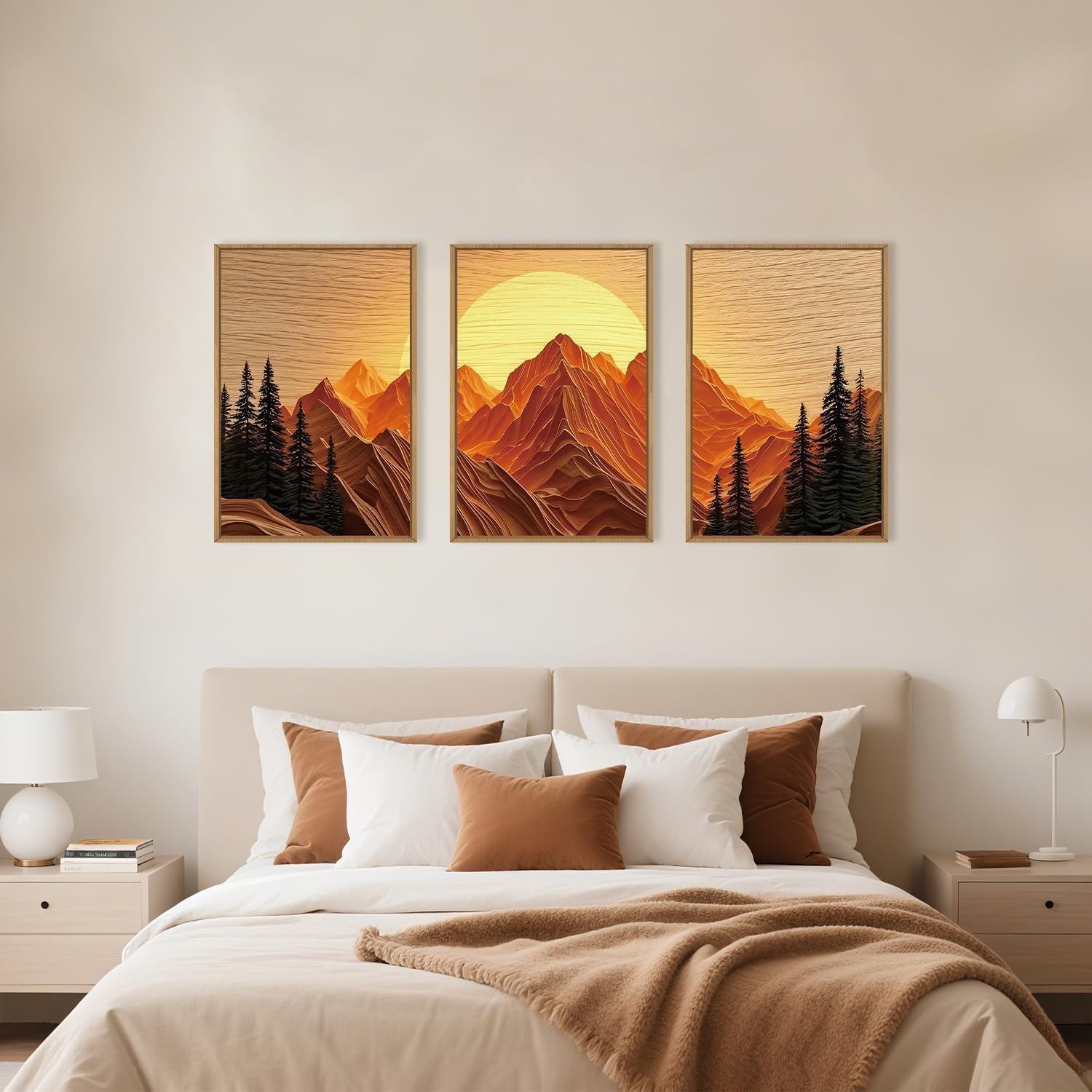 Large Mountain Framed Canvas Wall Art Set, Abstract Ridge Sun Painting, Boho Sunset Scenery Wall