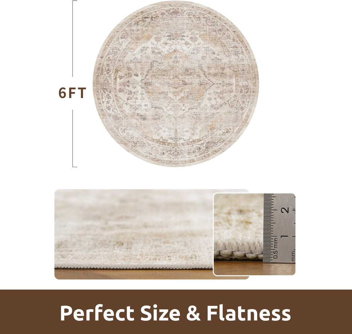 AMOAMI-6FT Round Rug-Rugs for Living Room-Vintage Soft Beige Rugs for Bedroom-Non Slip Circle