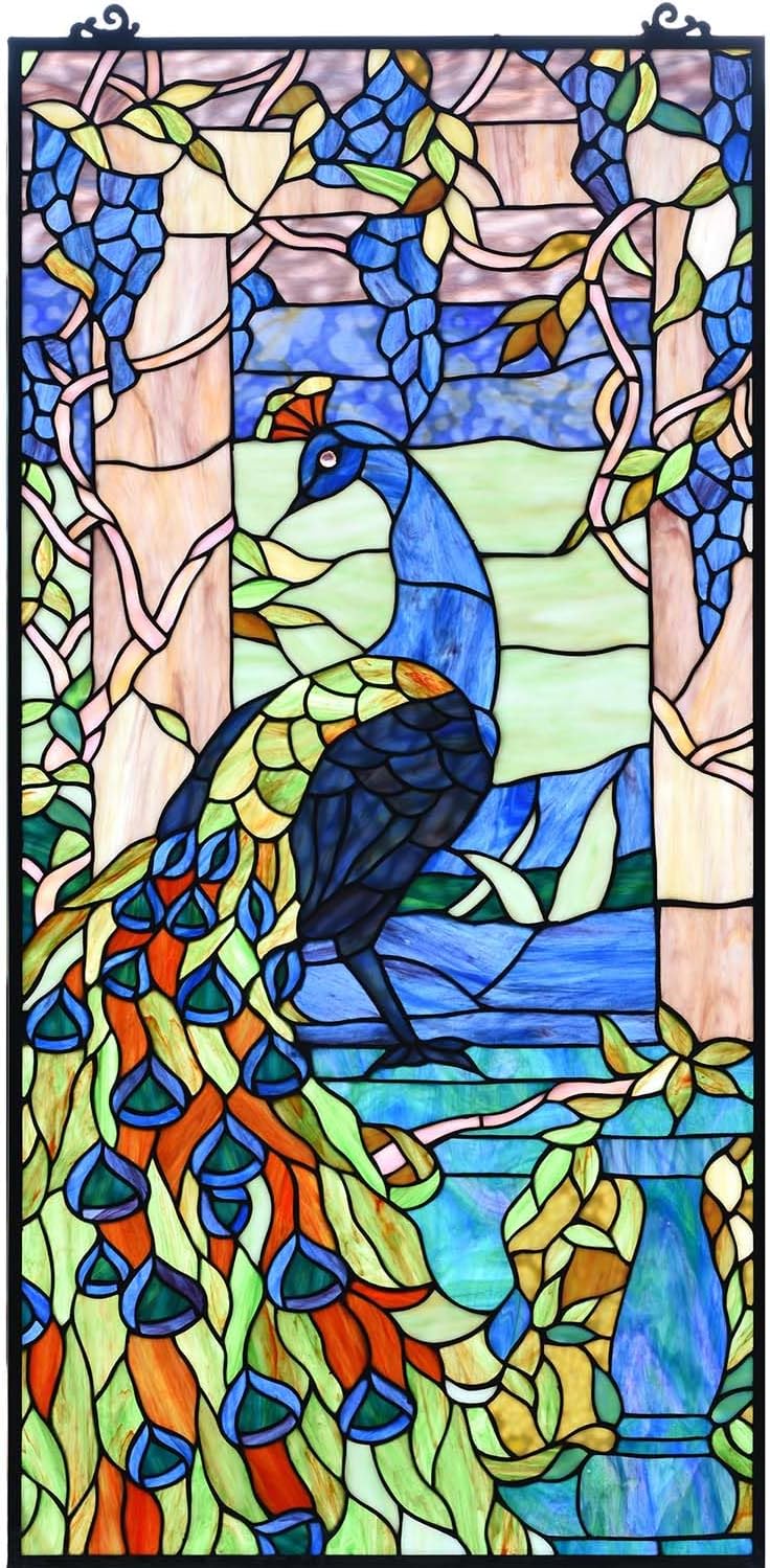 Bieye W10096 Peacock in Garden Tiffany Style Stained Glass Window Panel for Home Decor (Blue
