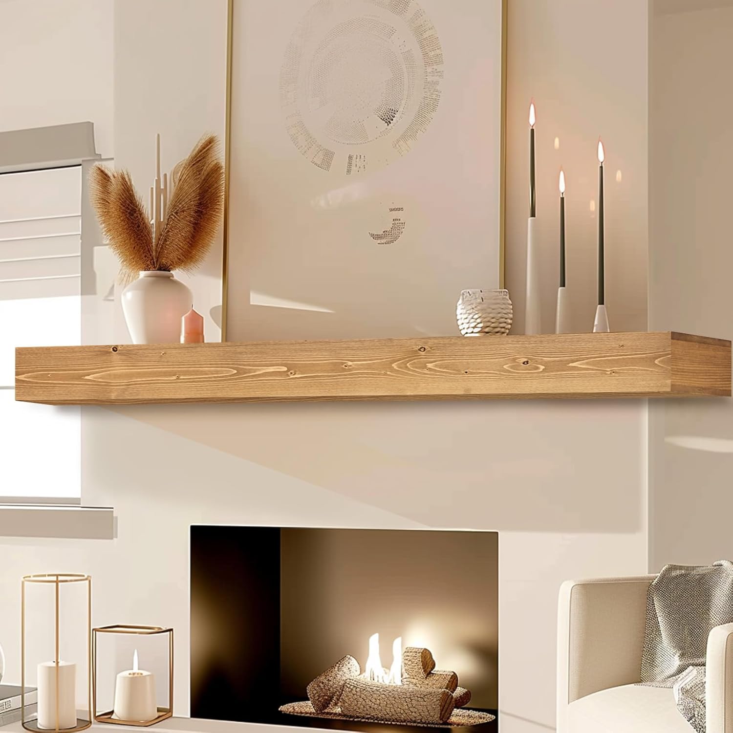 60x8x3 Fireplace Mantel - Handcrafted Hollow Rustic Solid Wood Wall Mounted Floating Shelf with